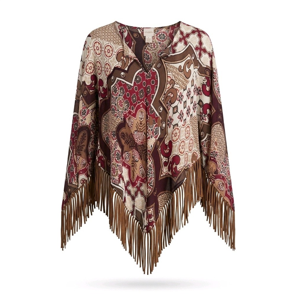 Chicos Womens One Size Boho Paisley Fringe Poncho V-Neck Brown Red Multi OS